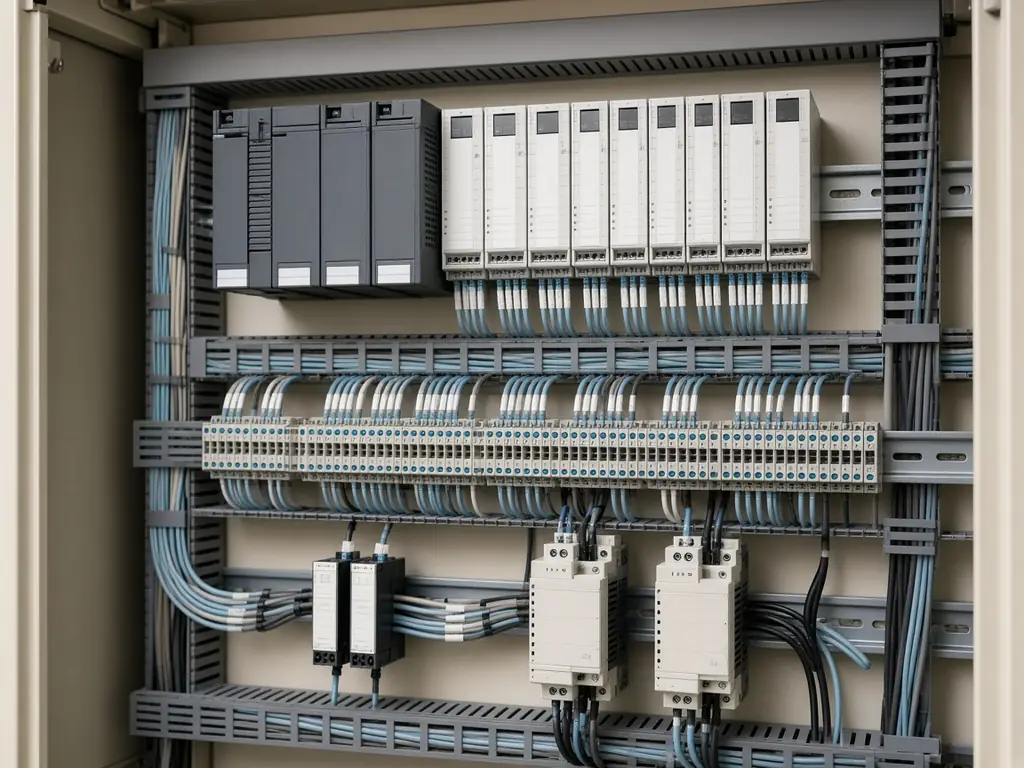 Painel elétrico de automação com controladores, módulos de E/S e cabeamento organizado