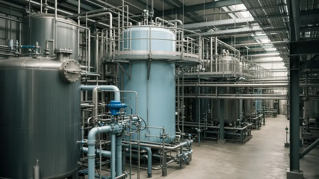 Planta industrial de processo com tanques, tubulações e estrutura metálica