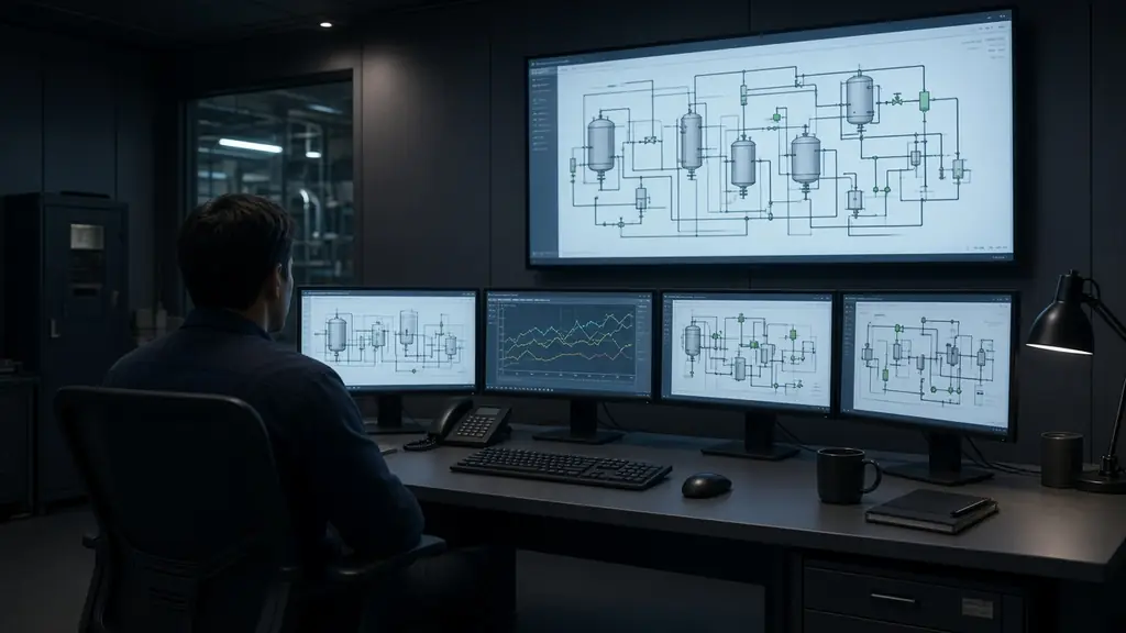 Sala de controle industrial com estações de operação e telas de supervisão do processo